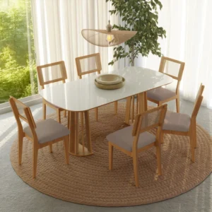 Conjunto Sala de Jantar Mesa Nature Off White/Freijó com 6 Cadeiras Palha Sintética Ca35 Bege Claro